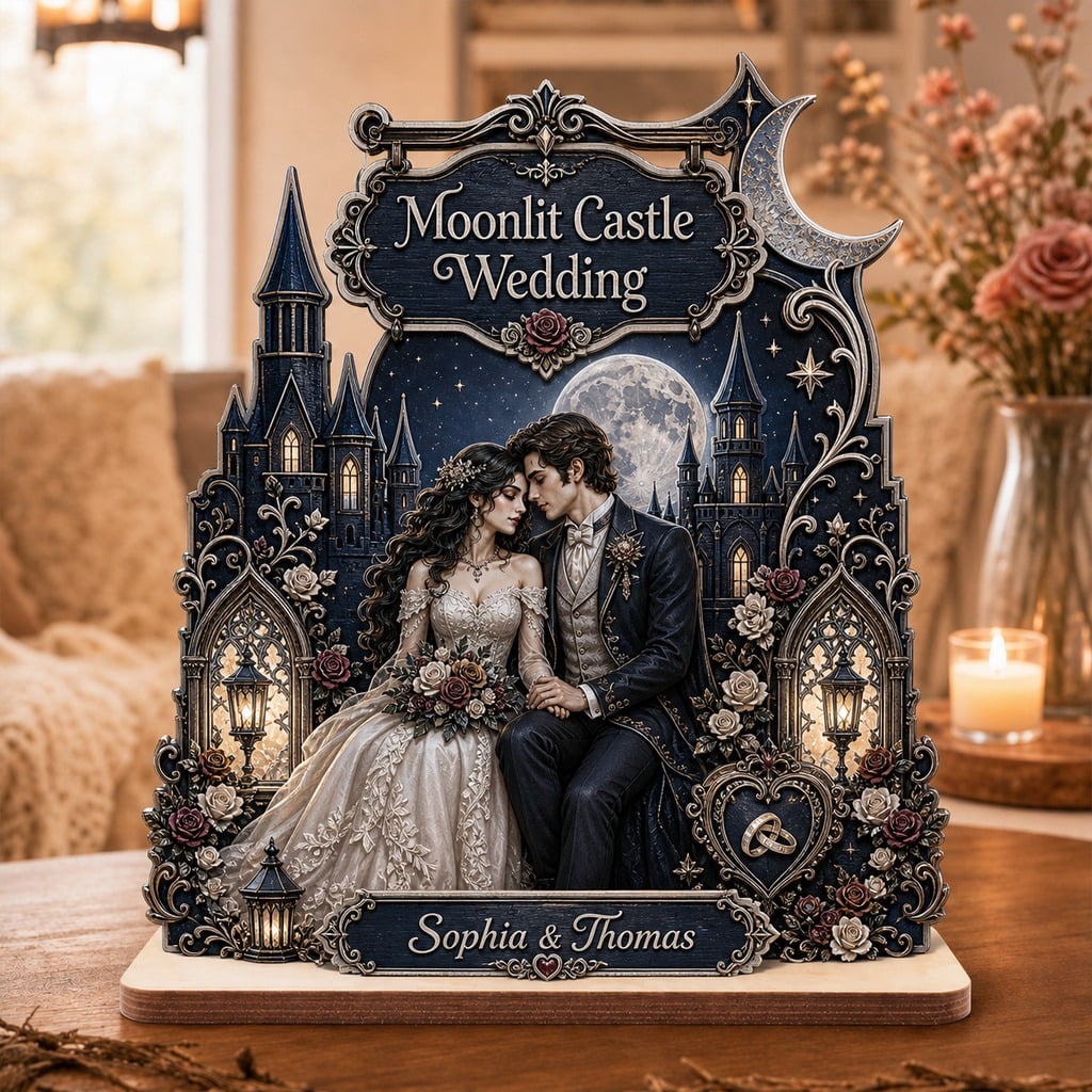 3 Layered Wooden Block Moonlit Castle Wedding, Freestanding Shelf ...