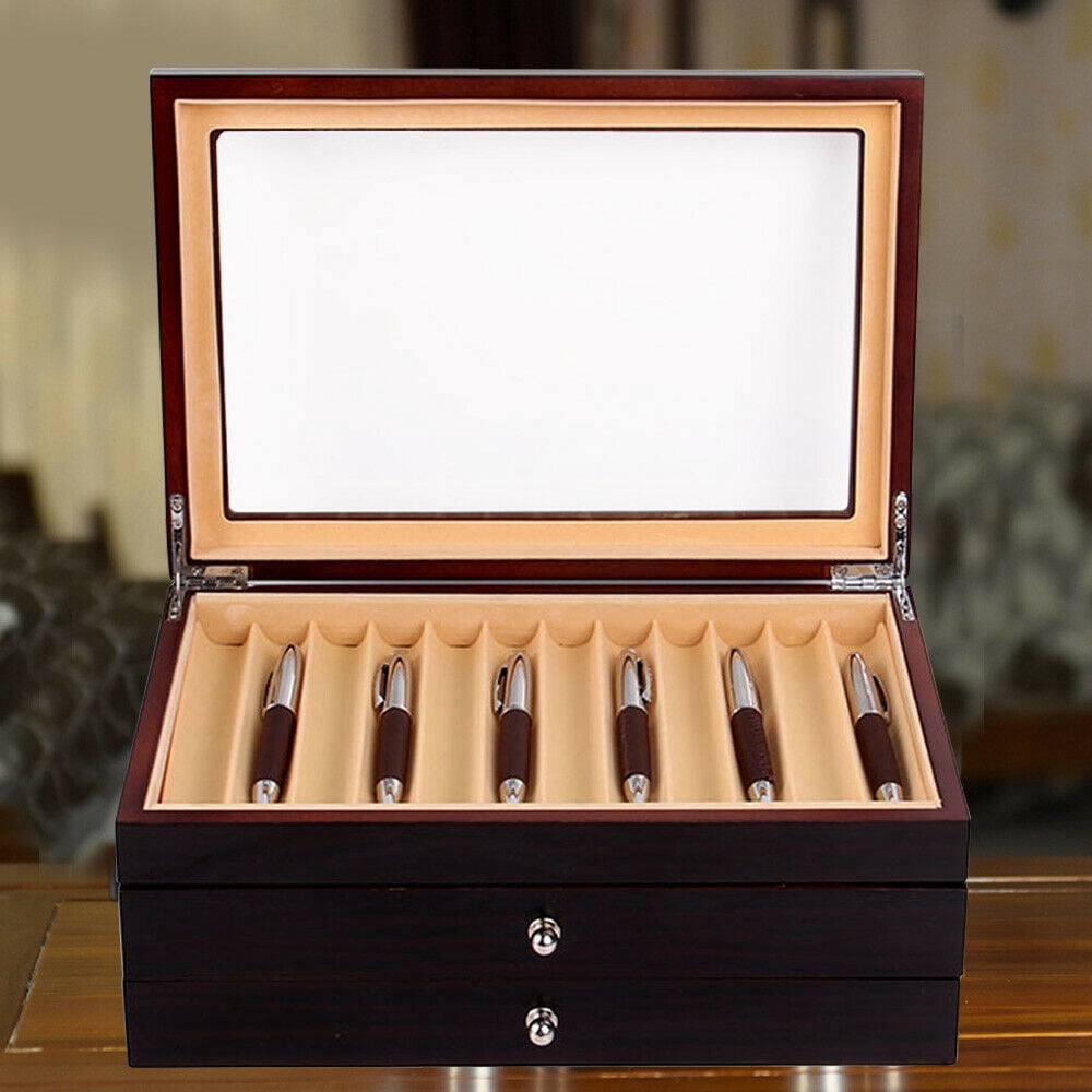 3 Layers 34 Slots Wooden Fountain Pen Display Storage Box Black Unisex