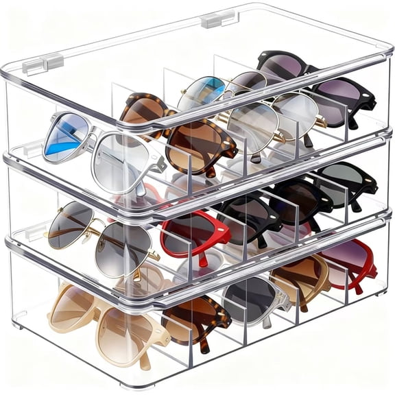 3 Layers Acrylic Sunglasses Organizer Box Stackable Eyeglass Storage Case with Lid, 5 Slots for Multiple Glasses Display