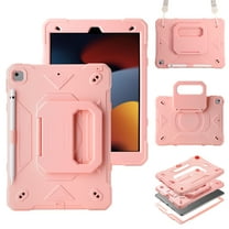 3 Layers Case for iPad 9th/8th/7th Generation with Kickstand / Nylon Shoulder Strap / Pencil Holder, Military Grade Protection Rugged Case Cover for iPad 10.2 Inch 2021/2020/2019, Pink