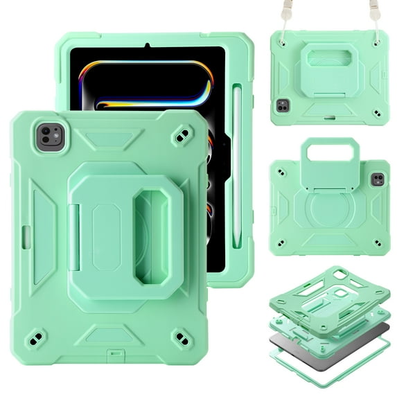 3 Layers Case for iPad Pro 11 2024 with Kickstand / Nylon Shoulder Strap / Pencil Holder, Military Grade Protection Rugged Case Cover for iPad Pro 11 2024, Mintgreen