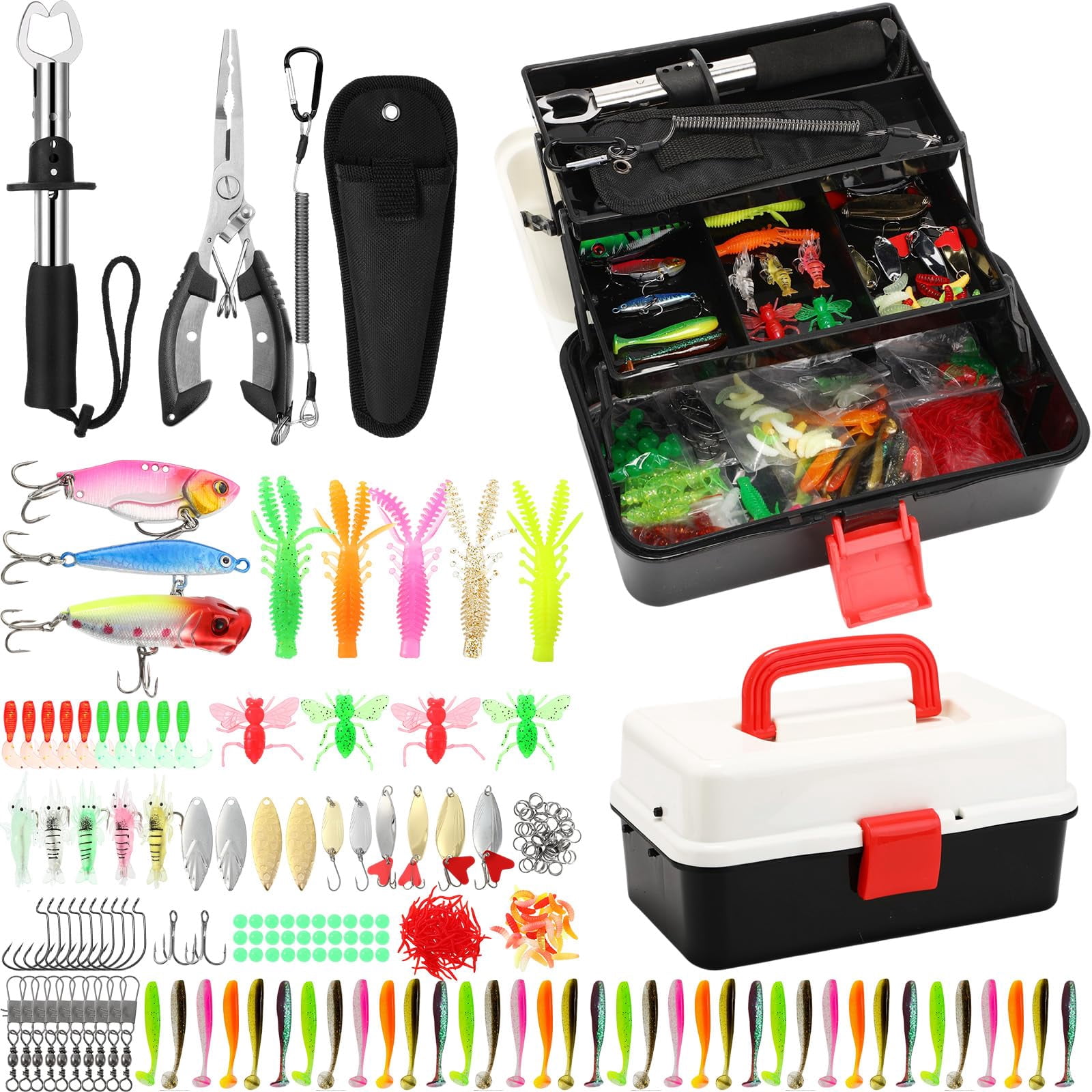 3 Layers Fishing Tackle Box 414 Gift Lures Gear Kit With Included Pliers Lip Gripper Bait Hook Accessories For Beginner Fisherman Women Men  Fit Bass Trout