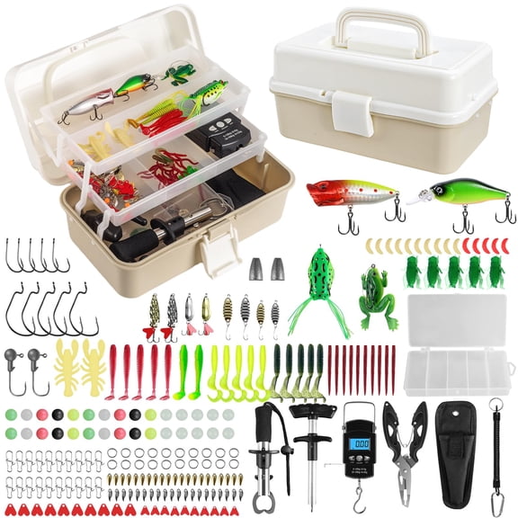 3 Layers Fishing Tackle Box Khaki&White 213-Piece Lure Kit with Tool Accessories for Freshwater and Saltwater Fishing