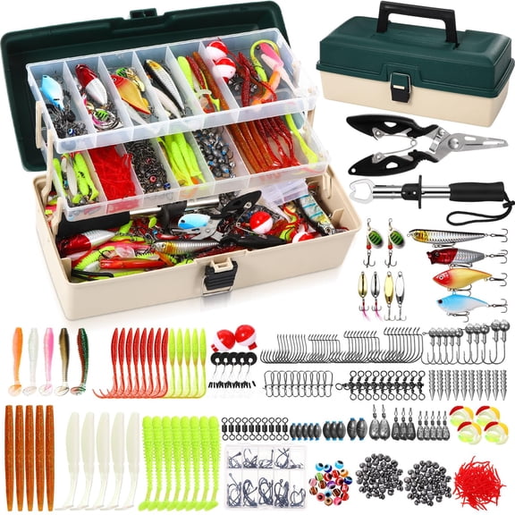 3 Layers Fishing Tackle Box with 517 Piece Lure Kit Dark Green Milky White