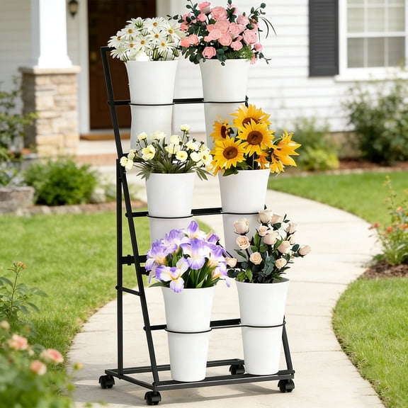 Flower Display Stand, 3 Tier Metal Plant Stand with 6 Buckets , Multi-Purpose Storage Rack for Florist, Indoor Home Wedding Decoration, Black