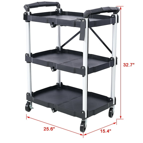 3 Layers Folding Collapsible Service Cart Pack-N-Roll Folding Collapsible Service Cart, Black, 50 Lb. Load Capacity per Shelf,