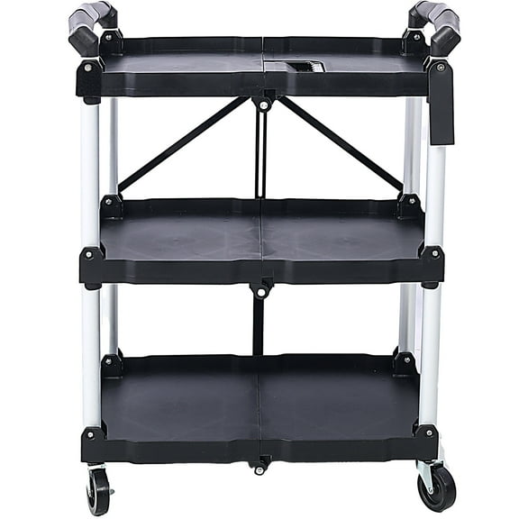 , 3 Layers Folding Collapsible Service Cart Pack-N-Roll Folding Collapsible Service Cart, Black, 50 Lb. Load Capacity per Shelf, Black And Silver ,Iron+Plastic ,