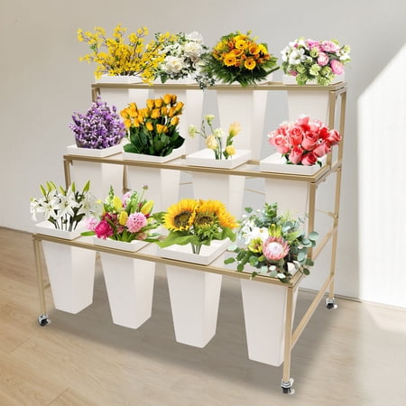 3 Layers Gold Flower Plant Display Stand with Wheels 12pcs Plastic Fresh Square Bucket
