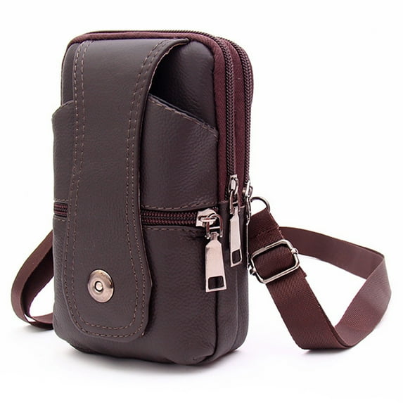 3 Layers Men Leather Belt Bag Multifunctional Fashionable Comfortable Hand Feel Male Phone Waist Storage Bag Dark Coffee Color Free Size