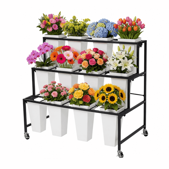 3 Layers Metal Flower Display Stand with 12 Buckets | Flower Bar Cart with Wheels, Flower Plant Stand Moving Florist Bouquet Shelf for Outdoor Indoor Garden Patio Florist Weddings