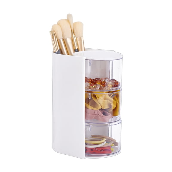3-Layers Plastic Powder Puff Storage Box Rotating Cosmetic Storage Organizer Column White 9.7x13.4x18.2cm