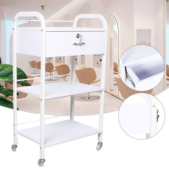 3 Layers Rolling Utility Cart with Wheels Mobile Salon Trolley Storage Stand White