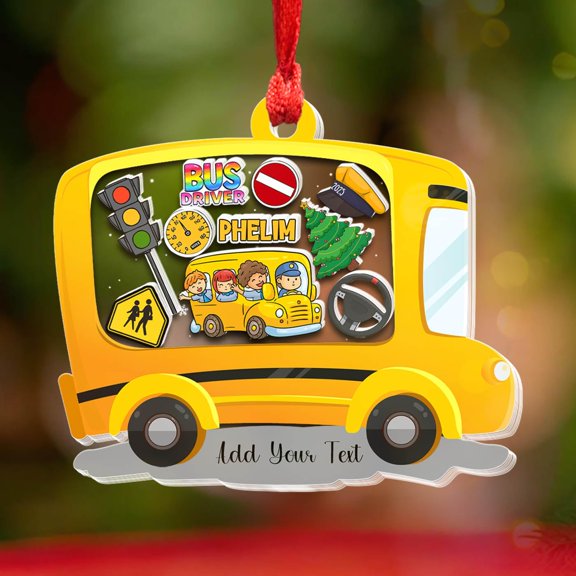 3 Layers Shaker Christmas Ornaments Gift for School Bus Driver, Personalized Text & Name School Bus Driver Xmas Ornament, Custom Student Transport Vehicle Xmas Tree Ornament for Dad Grandpa Kids