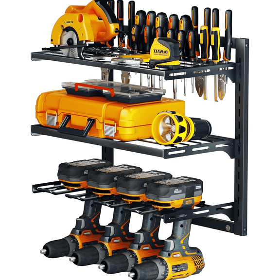 3 Layers Wall Mount Power Tool Organizer with 4 Drill Holders 150Lbs Load Capacity