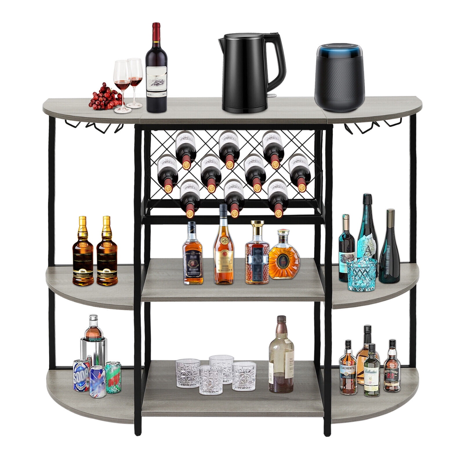 Grey Particle Board and Steel 3-Tier Wine Rack Table with Storage