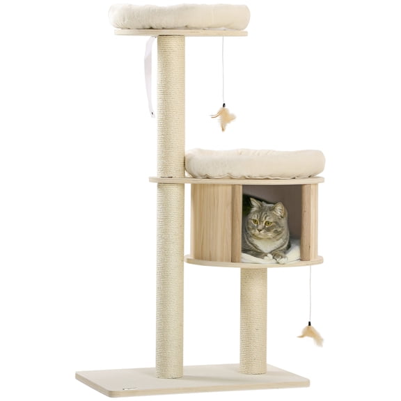 3-Level Cat Tree with Sisal Scratching Posts, Soft Plush Cushions & Play Areas, Includes Fun Badminton Toy, 46.5" Tall Cat Condo for Kittens