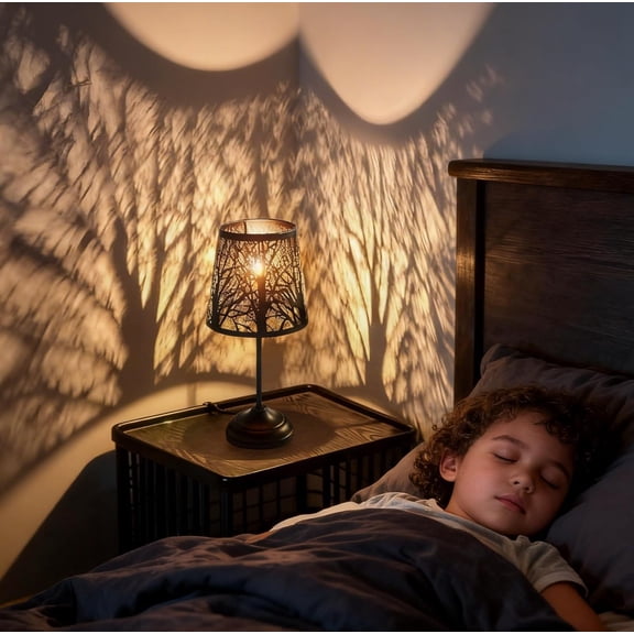 3 Level Dimmable Touch Table Lamp, Black Metal Tree Pattern Shadow Lamp, Small Bedside Night Light for Kids, Vintage Accent Decor Lamp Halloween Indoor Mood Lighting Bedroom Living Room Small Spaces