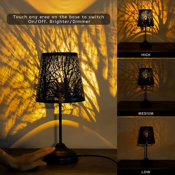 3 Level Dimmable Touch Table Lamps Set of 2, Black Metal Tree Pattern Shadow Lamp, Small Bedside Night Light for Kids, Vintage Accent Decor Lamp Halloween Indoor Mood Lighting Bedroom Living Room