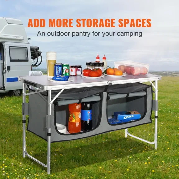 3-Level Height Adjustable Camping Folding Table, Sturdy MDF Desktop Portable Outdoor Kitchen Table, Foldable Lightweight Utility Table for Outdoor Activities & Home Use