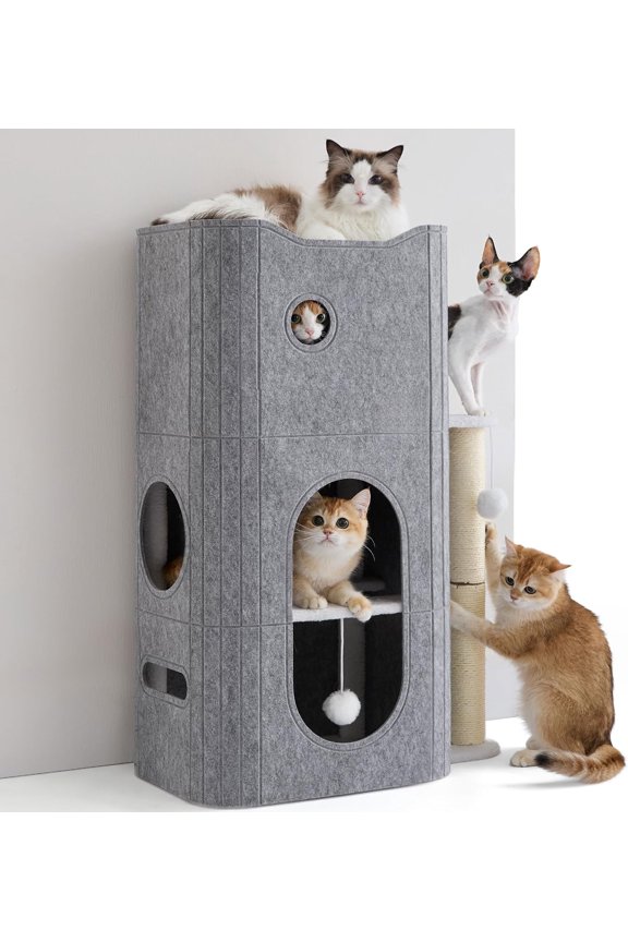 3-Level Indoor Cat Bed- Cat Condos Small Cat Tree for Multiple Kitties to Play Sleep,Hideaway Cave, Fluffy Ball, Scratching Post, 22.5x31.5x13, Grey