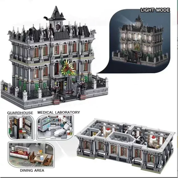3-Level Lunatic Hospital Modular Building Blocks with Lighting City Street MOC Bricks Toys Model Gift 7357pcs
