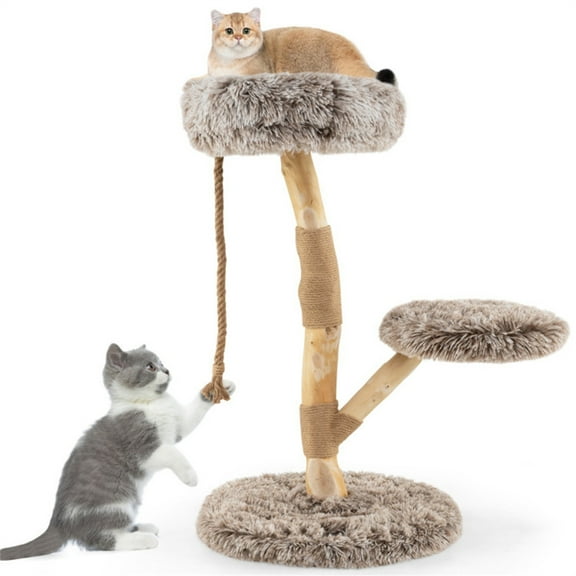 3-Level Natural Pear Wood Cat Tree - 19.5"x35.5", Jute Scratching Posts, Long Plush