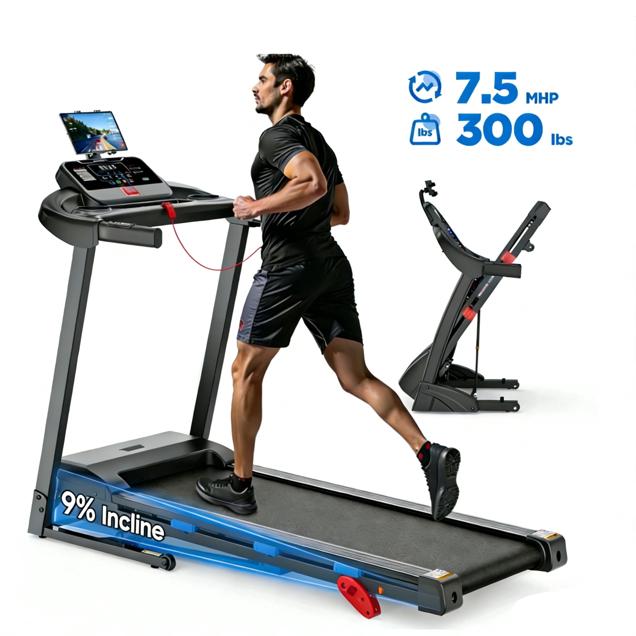 3HP Treadmill Manual Incline, Folding Treadmill for Home with LCD Monitor 300lbs 7.5 mph Speed Range, Bluetooth Speakers
