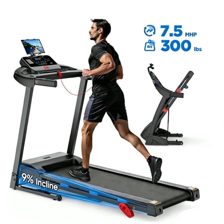 3HP Treadmill Manual Incline, Folding Treadmill for Home with LCD Monitor 300lbs 7.5 mph Speed Range, Bluetooth Speakers