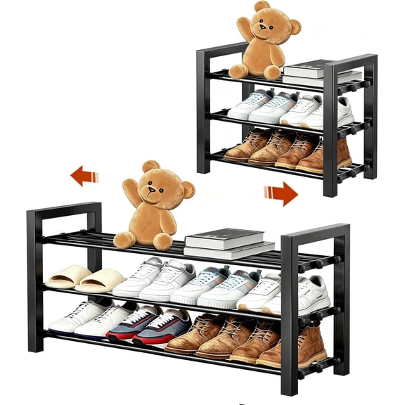 3 Levels Adjustable Shoe Rack, Durable Storage Organizer, No Metal, Shoe Rack for Entrance, Wardrobe, Door (Black)