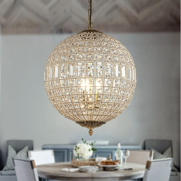 3-Light 18" Handmade Antique Brass French Vintage Crystal Globe Chandelier