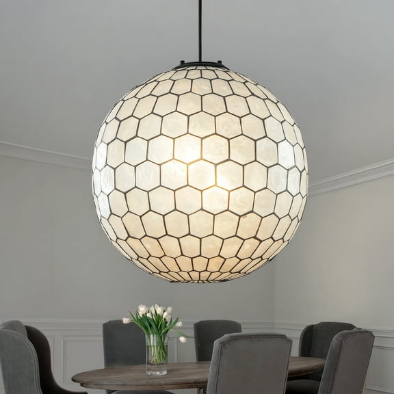 3-Light 18'' Matte Black Cosatal Natural CAPIZ SHELL Globe Lantern Chandelier Glam Hanging Light For Living Room Dining Room