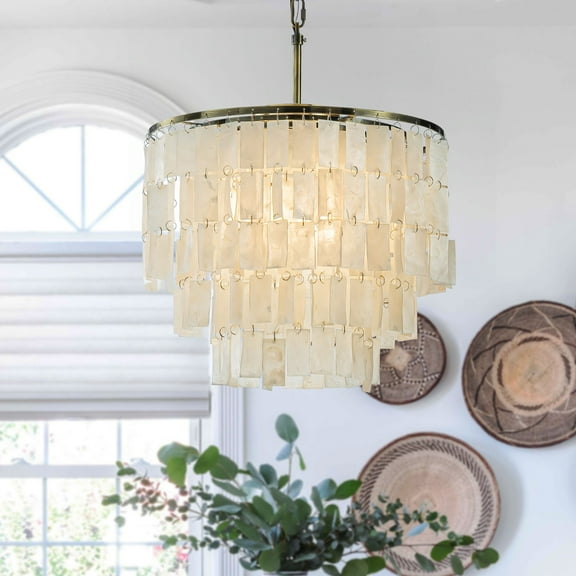 3-Light 18 in Coastal Capiz Seashells Chandeliers in Antique Bronze Farmhouse Natural Chandelier with Rectangle Shells for Dining Room