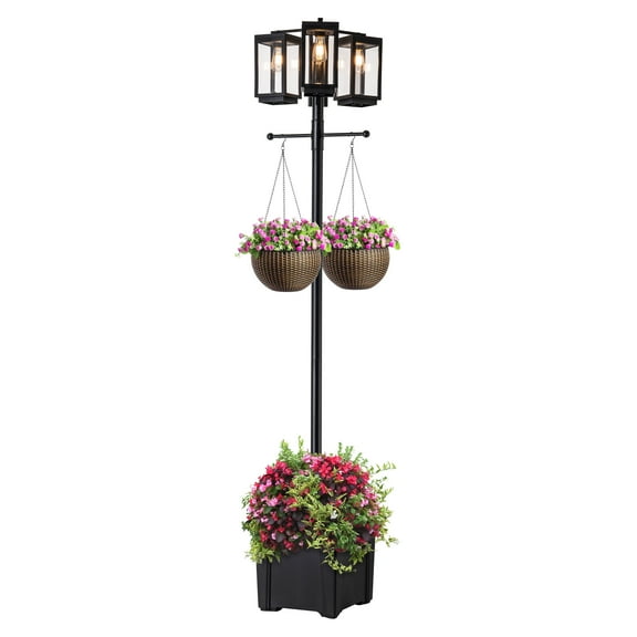 3-Light 77.5in Black Complete Post Light with Planter and Clear Tempered Glass