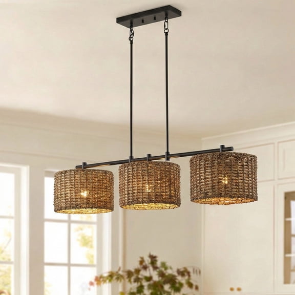 3-Light Adjustable Linear Pendant Light, Boho Hanging Light Fixture with Woven Shades, E26 Base for Kitchen Island, Dining Room & Living Room