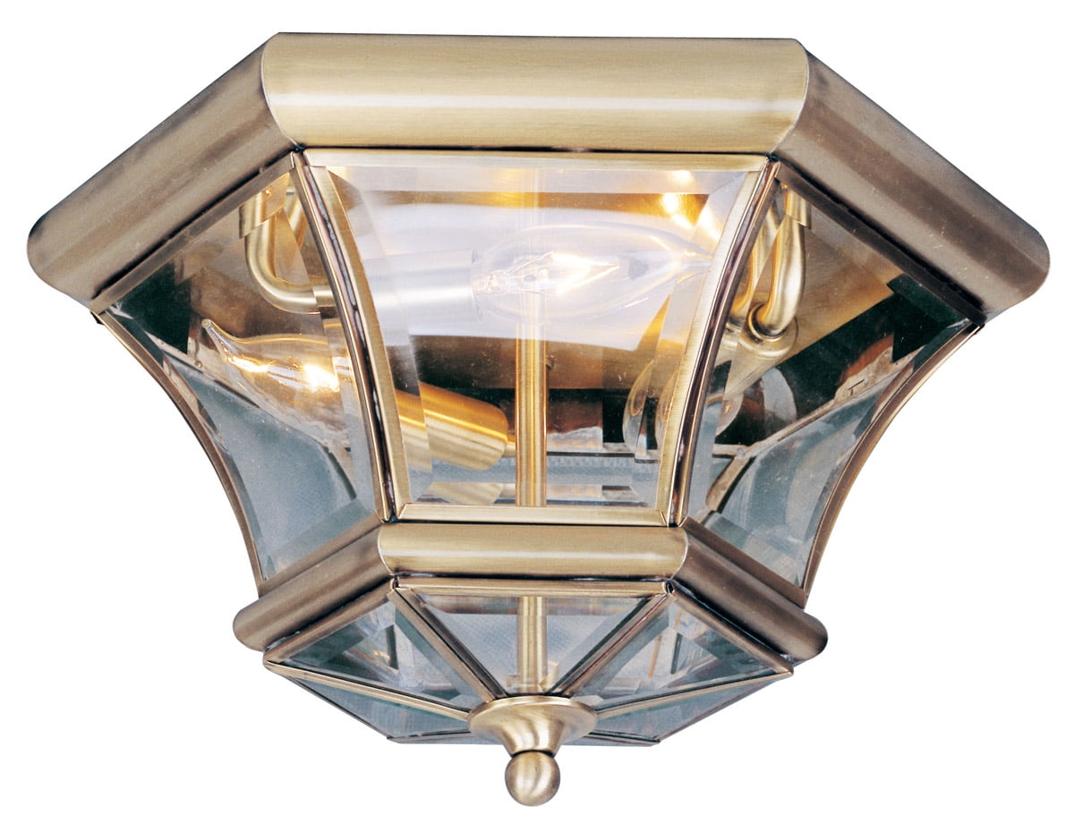 Antique Brass Hexagon 3-Light Outdoor Ceiling Lantern with Clear Beveled Glass