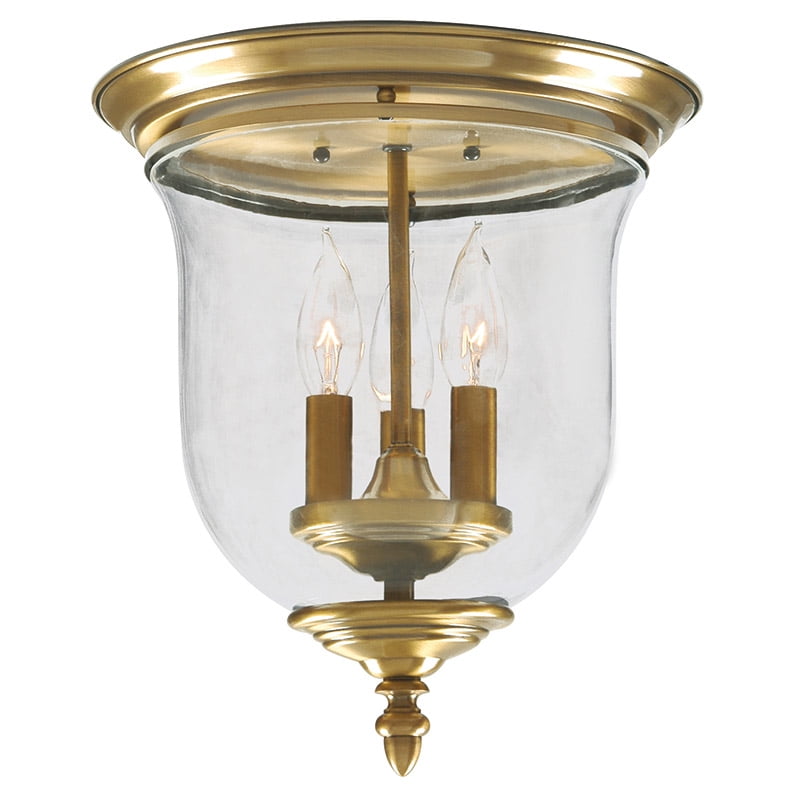 3 Light Antique Brass Ceiling Light fixture with Hand Blown Clear Glass Shade