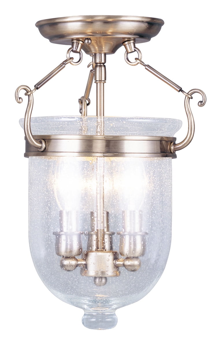 Antique Brass 3-Light Flush Mount with Seeded Glass Shade