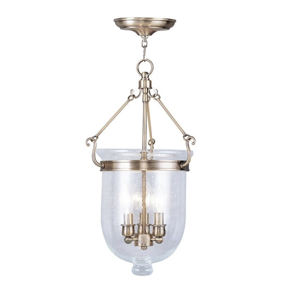 3 Light Antique Brass Chain Lantern Pendant Lighting Fixture with Seeded Glass Shade backed with Steel material for patio, front porch, entryway and more