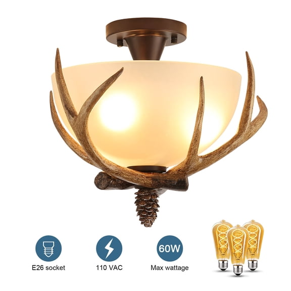 3-Light Antler Pinecone Pendant Light, Retro Bronze E26 Ceiling Lamp with Soft Glass Shade for Dining Room Kitchen Bar