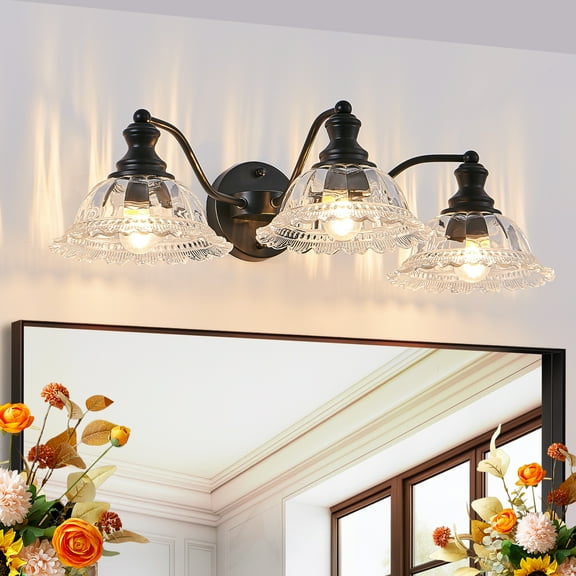 3-Light Bathroom Black Vanity Light Fixtures, Farmhouse Vanity Lights for Bathroom with Flower Glass Shade Wall Lights 24.4in
