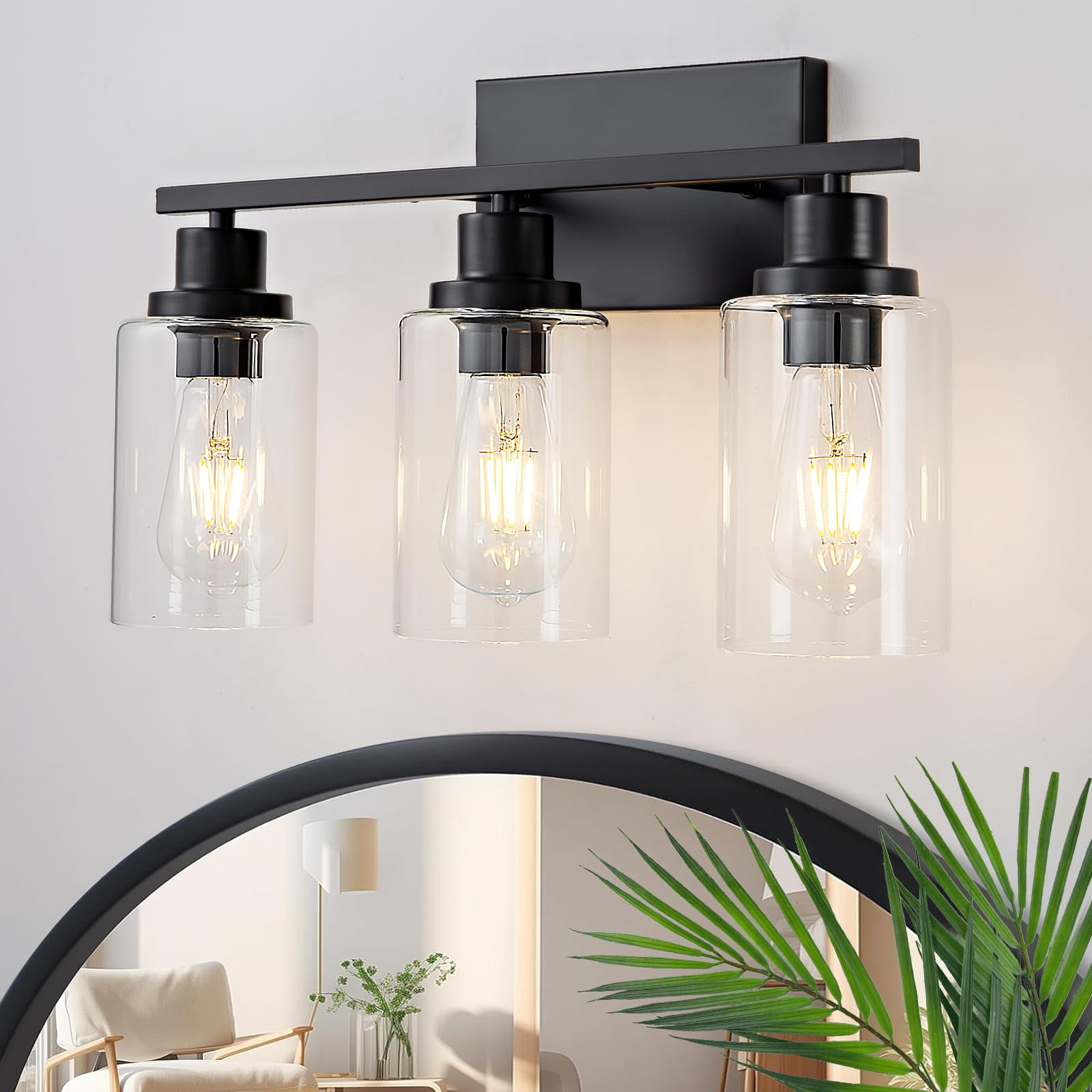 3 Light Bathroom Fixtures Black Vanity Over Mirror Modern Farmhouse Wall Lighting Sconces Rustic Industrial Lamp For  Bedroom Living Room E26 Socket With Glass Shade