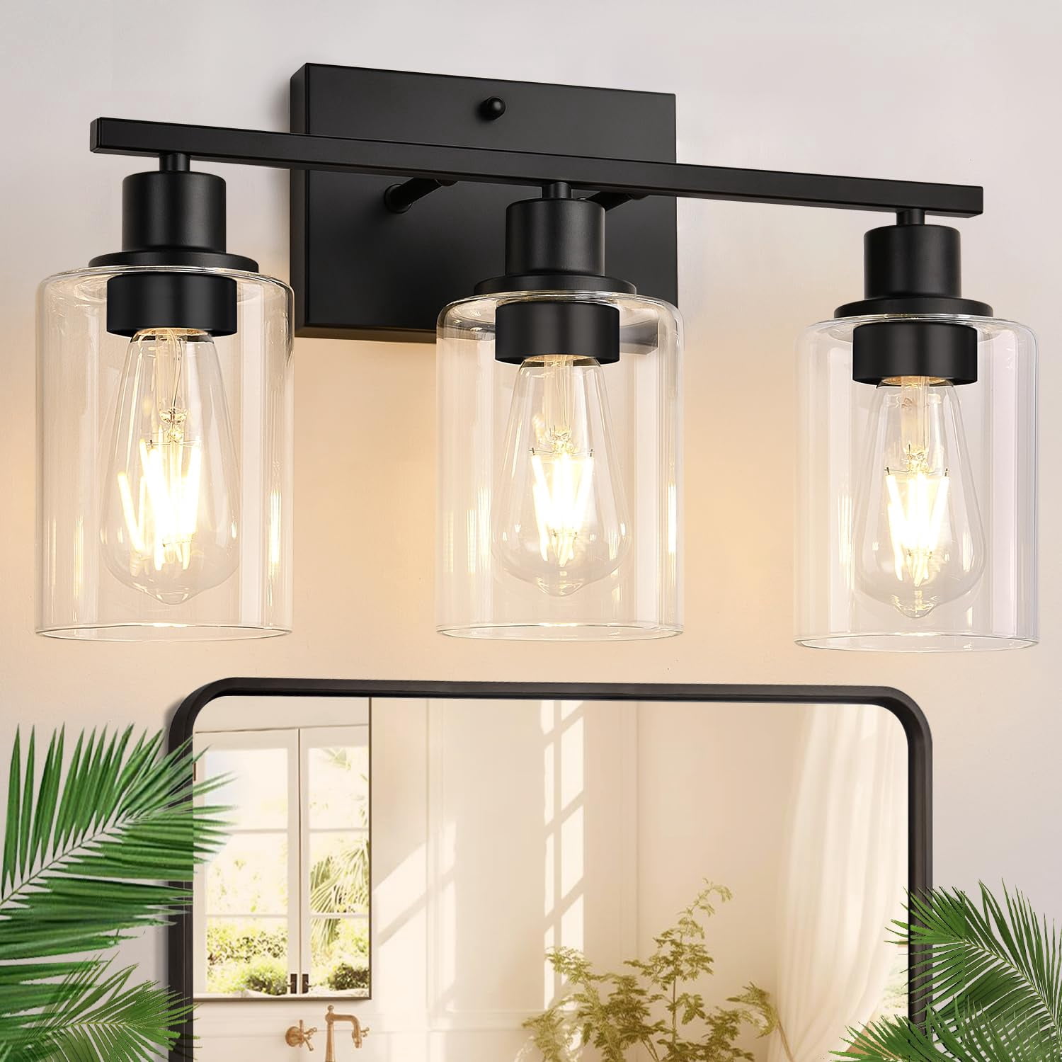 3 Light Bathroom Fixtures  Matte Black Modern Vanity Lights With Clear Glass Shade Wall Lamp For Mirror Kitchen Living Room Hallway Cabinet Porch