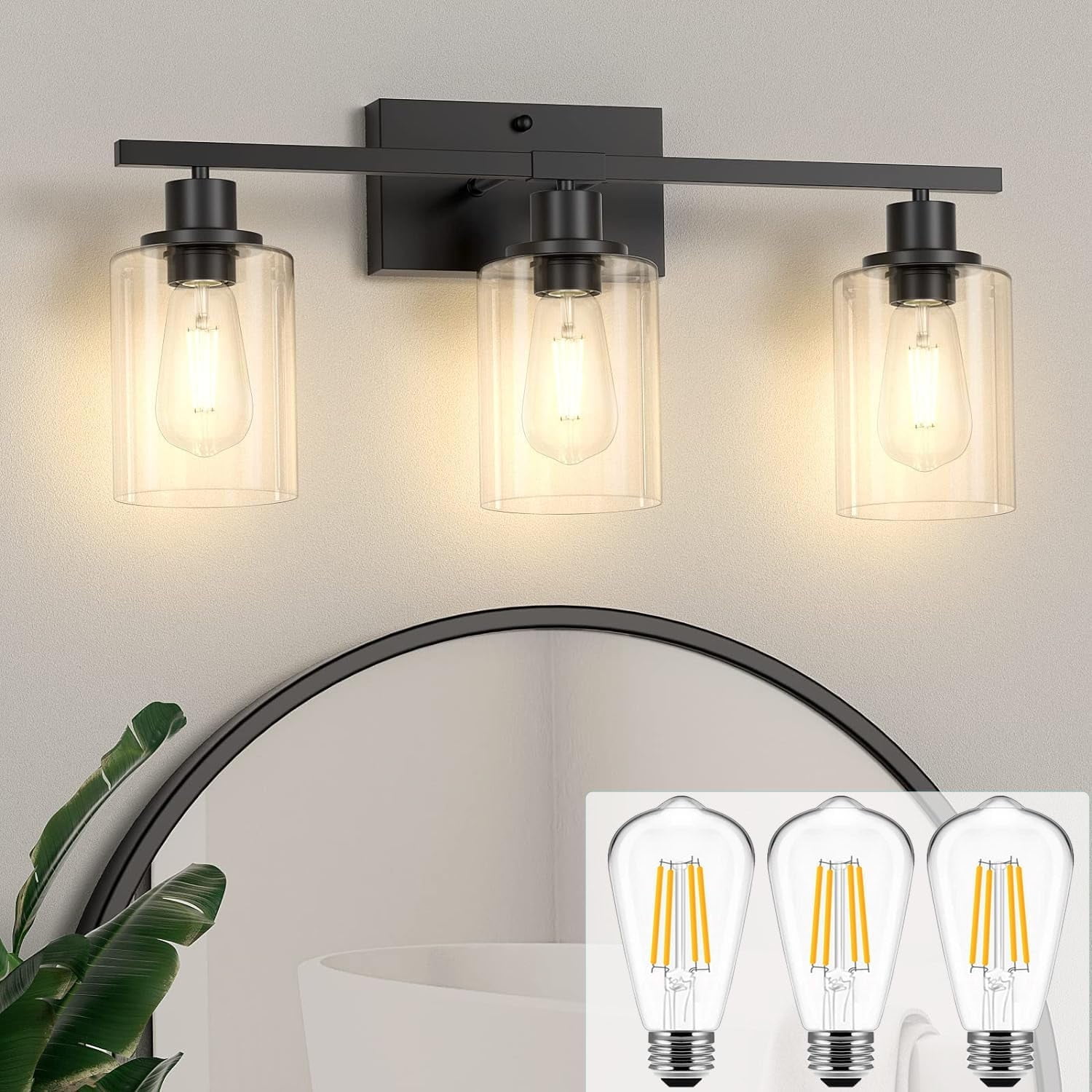 Matte Black 3-Light Dimmable Wall Sconce with Clear Glass Shades