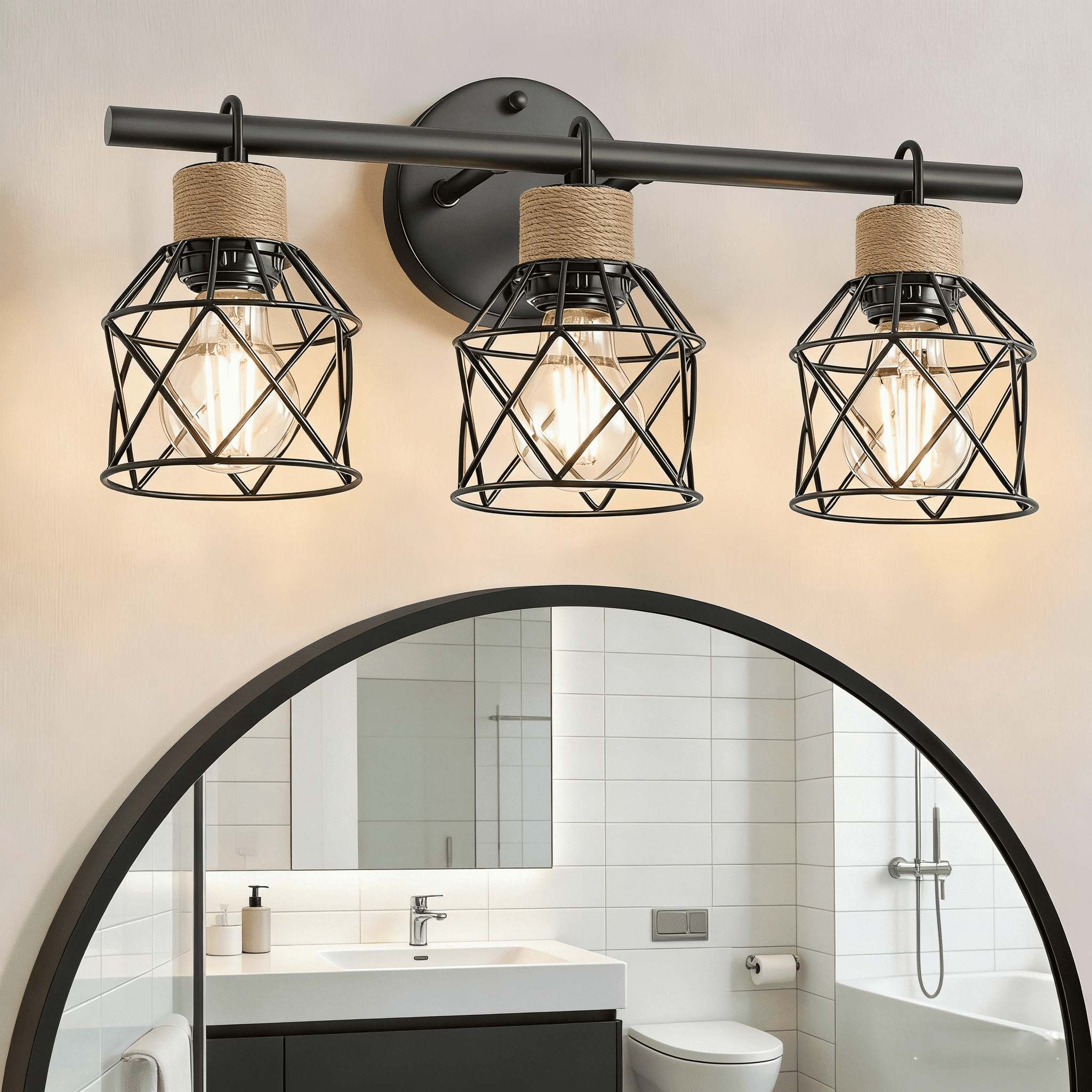 3-Light Bathroom Light Fixture Over Mirror Matte Black Farmhouse Vanity Light for Bathroom Rope Wrapped Rustic Industrial Vanity Lighting Fixture with Metal Lampshade for Hallway Porch