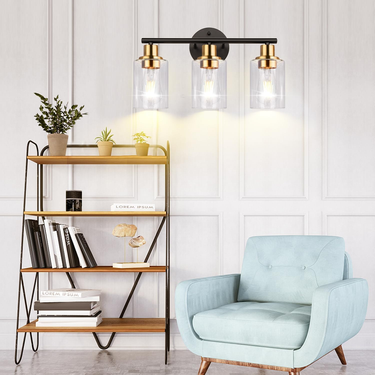 3-Light Bathroom Light Fixtures, Black and Gold Bathroom Wall Lights ...