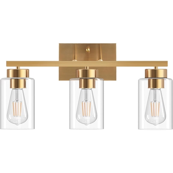3-Light Bathroom Light Fixtures, Brushed Gold Vanity Light with Clear Glass Shade, Modern Wall Sconce for Mirror Bedroom Living Room Hallway Lighting