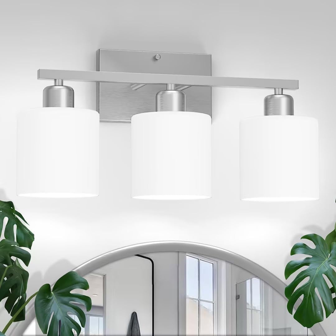 3-Light Bathroom Light Fixtures Over Mirror Brushed Nickel, Anti-Rust Bathroom Vanity Lights for Mirror, Bedroom, Modern Wall Sconces E26 Base, Milky White Glass Shades, Bulbs Not Included
