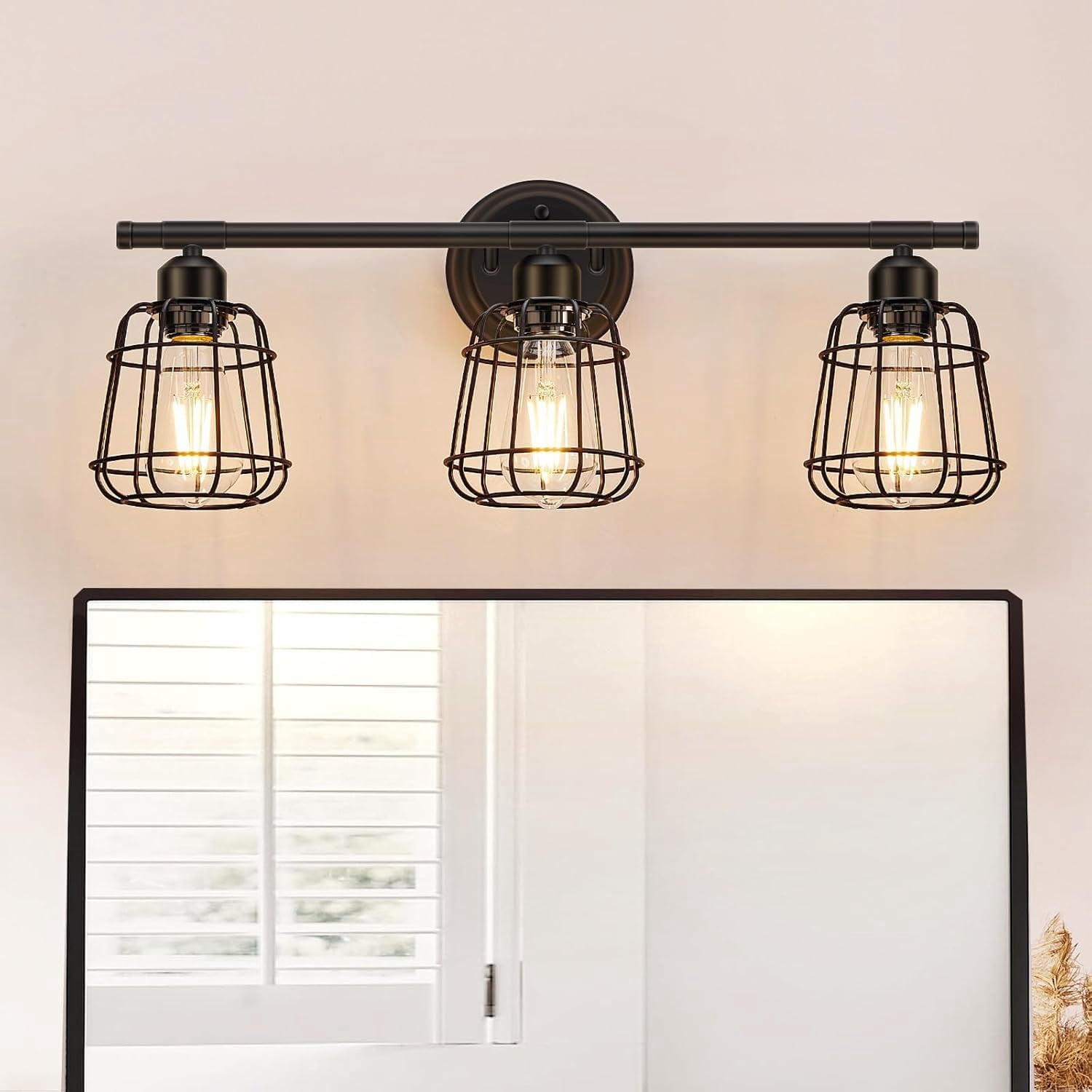 3-Light Bathroom Light Fixtures Over Mirror, Matte Black Bathroom Vanity Light with Cage, E26 Base Farmhouse Wall Sconces for Bedroom Cabinets Living Room, UL Listed