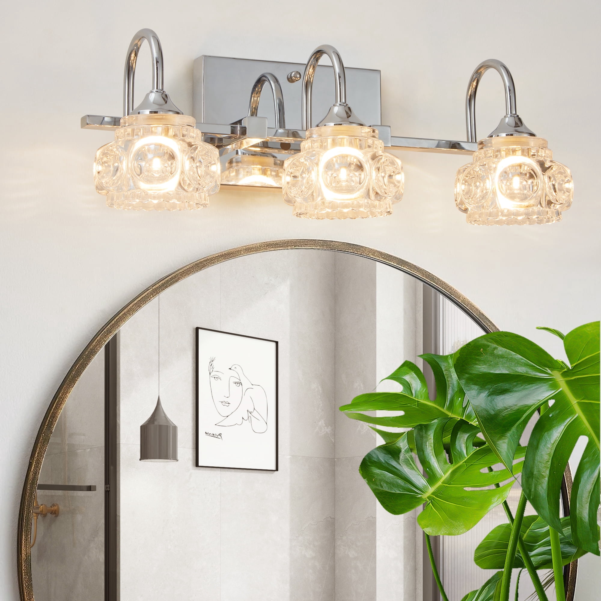 3-Light Bathroom Light Fixtures,Nickel Modern Bathroom 17.3in Vanity Lights with Flower Glass Shade, Bathroom Wall Lamp for Mirror Cabinet Porch, E12