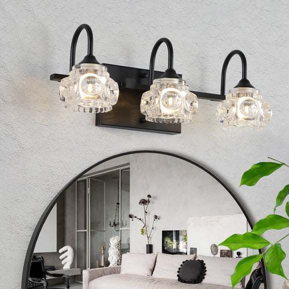3-Light Bathroom Vanity Light, 17.3 Inch with Crystal Glass Shades, Dimmable, Matte Black Modern